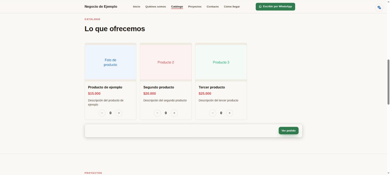 Catálogo visible en la página pública, con botones para agregar cantidad